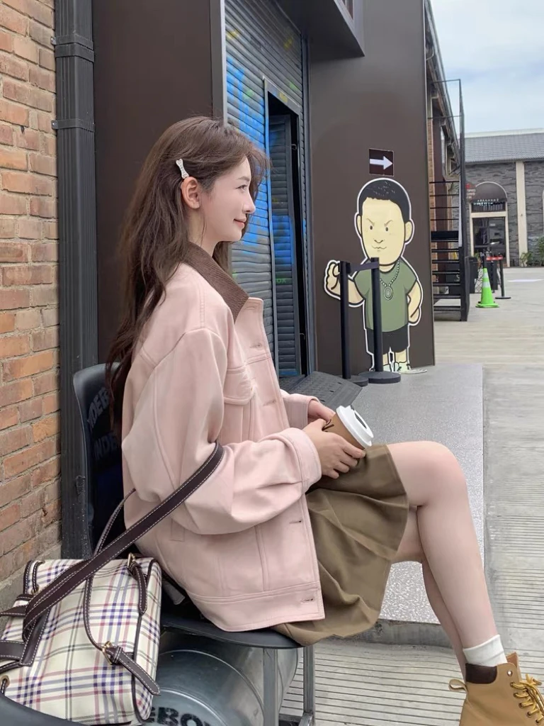 爱的梦境 撞色翻领麂皮外套2025秋季新款气质减龄女Z-277