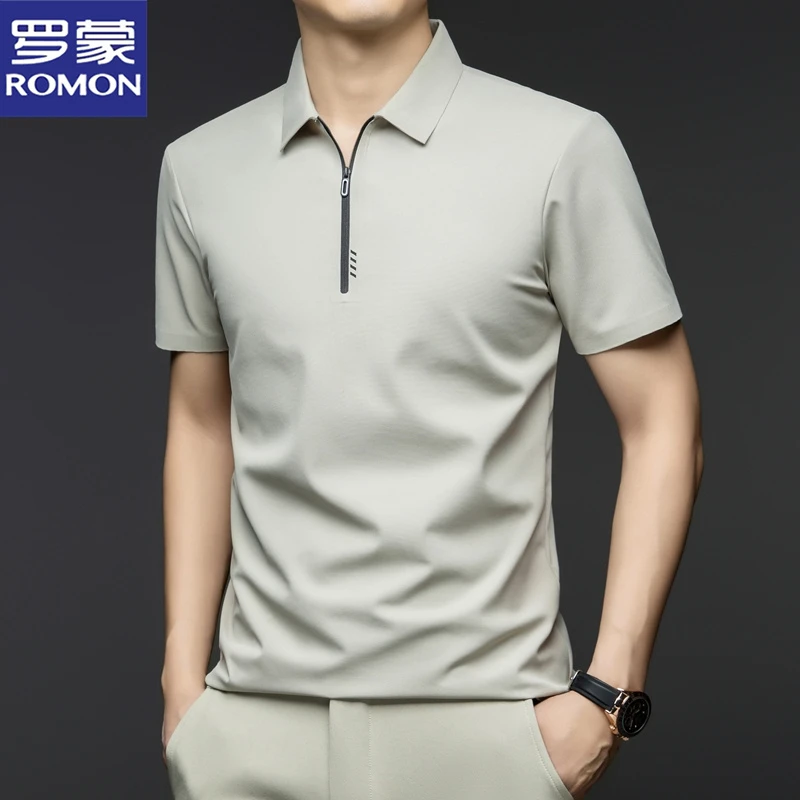 罗蒙新款拉链潮流男士短袖poloPOLO衫透冰丝透气百搭纯色T恤上衣