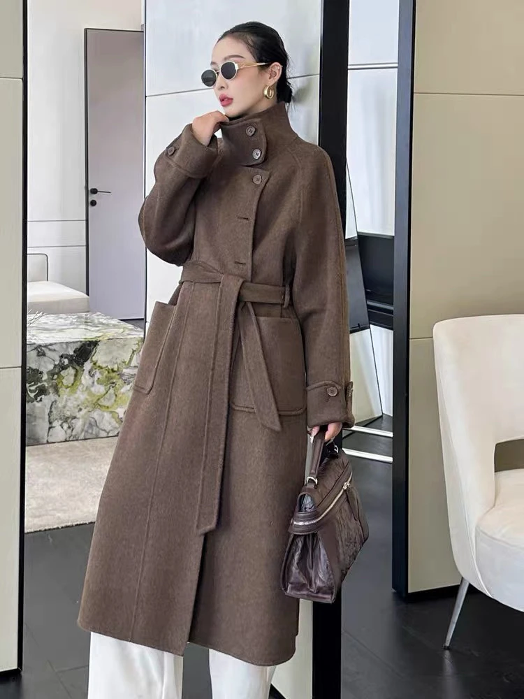 秋冬长款立领毛呢外套毛呢气质外套女装双面呢中长款呢大衣宽松