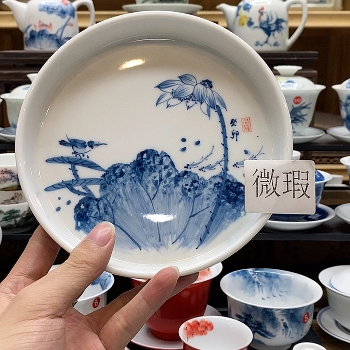 手绘荷花翠鸟壶承一个装釉下彩微瑕福利款