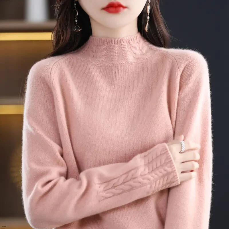 冬季时髦宽松显瘦女士厚款半高领麻花针织羊绒衫可做内搭
