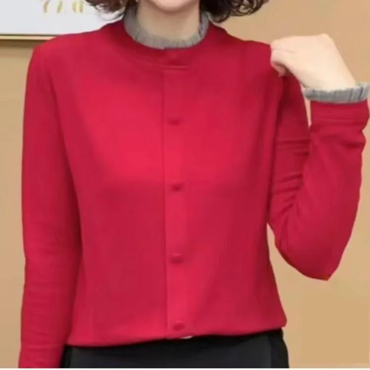 2024冬季新款加绒保暖木耳花边袖打底衫女气质设计感上衣长袖.