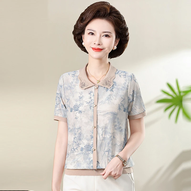 妈妈装夏季薄款短袖T恤时尚中老年女装洋气时髦上衣50岁冰丝小衫