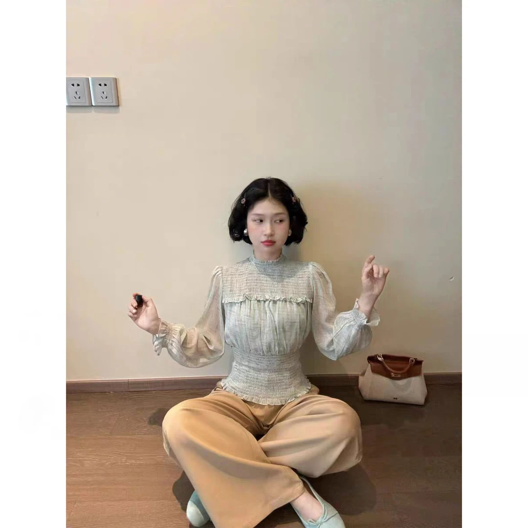 简约百搭秋季绿色圆领雪纺收腰显瘦防晒长袖上衣女