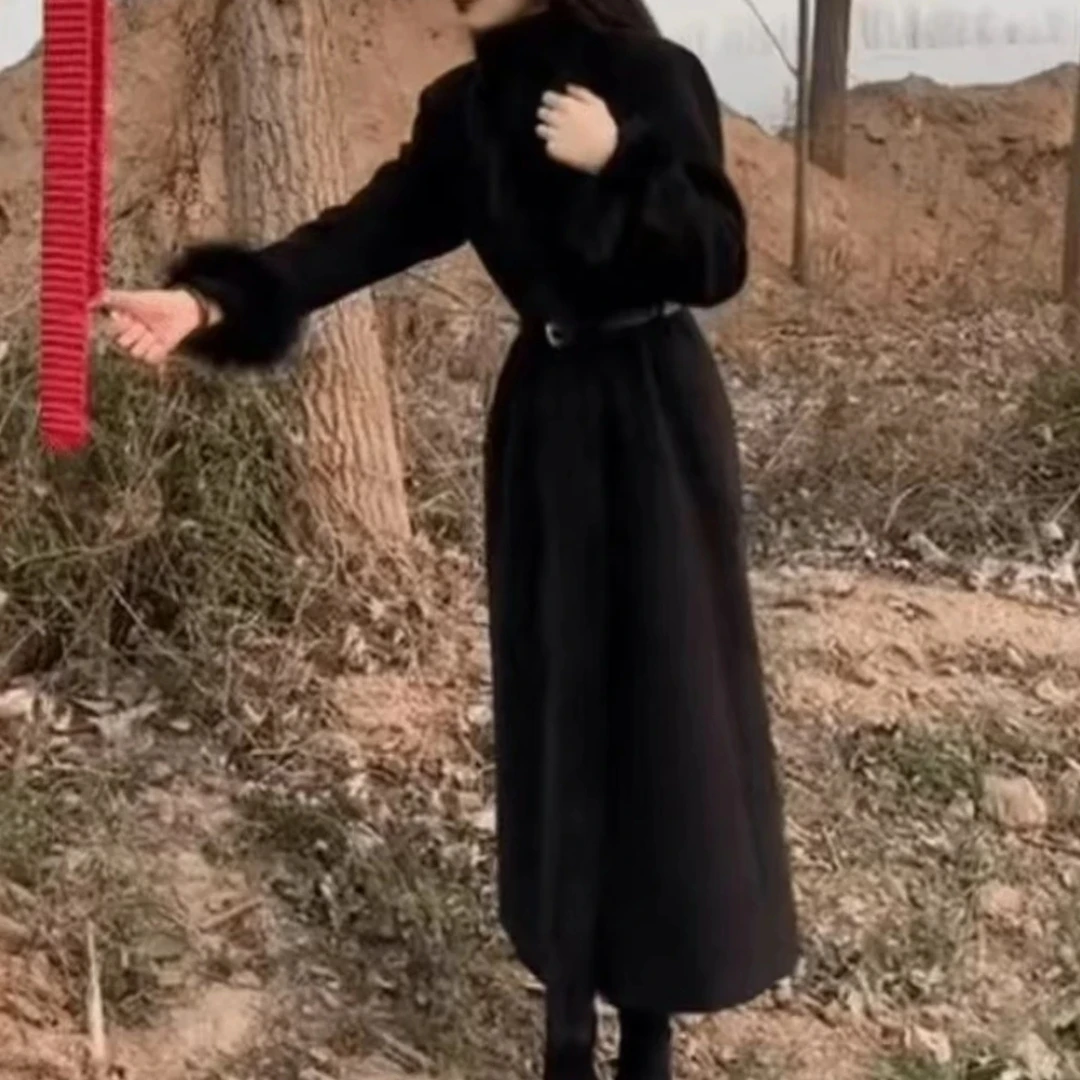 冬季气质系带毛毛袖口中长款可拆卸纯色大衣女装