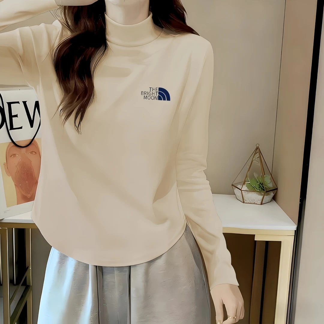 半高领德绒打底衫女秋冬季修身显瘦下摆弧形百搭加厚保暖印花上衣