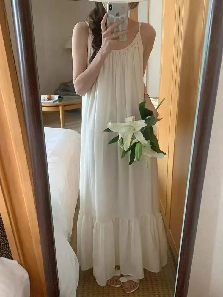 【慕妍专属】6507（裙长112）法式吊带荷叶边慵懒连衣裙