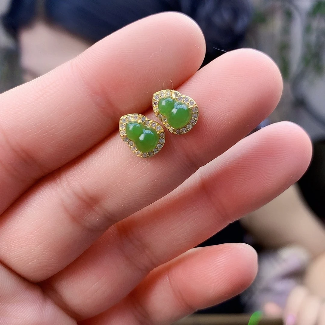 和田玉（碧玉）银S925镶嵌吊坠(不含链)耳钉