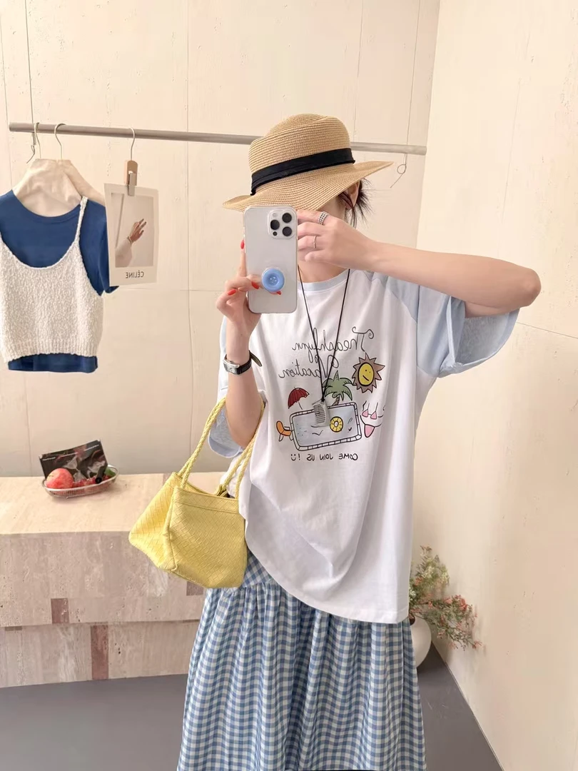 韩版拼色沙滩度假风宽松时尚大版圆领短袖T恤（衣长75 胸围130）