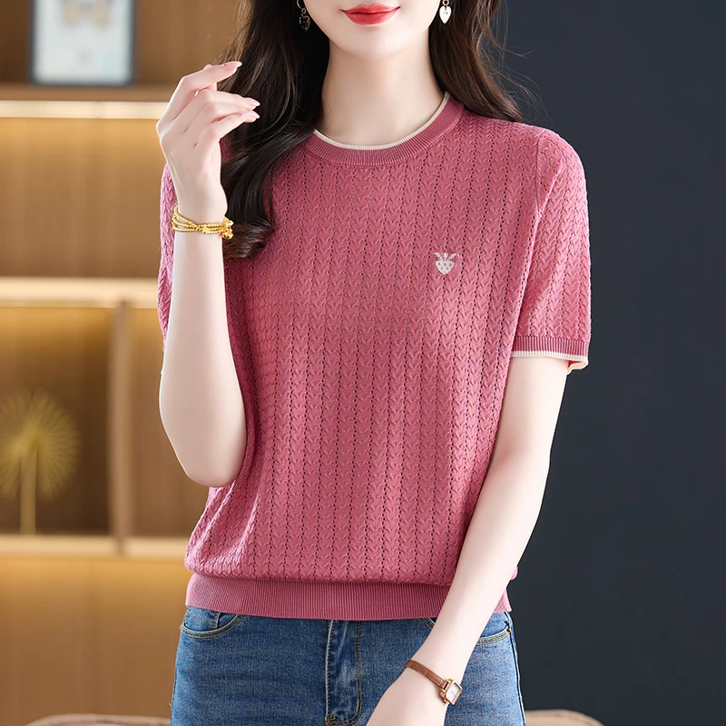 莱赛尔天丝清凉短袖T恤女夏季新款气质圆领短袖上衣百搭宽松薄