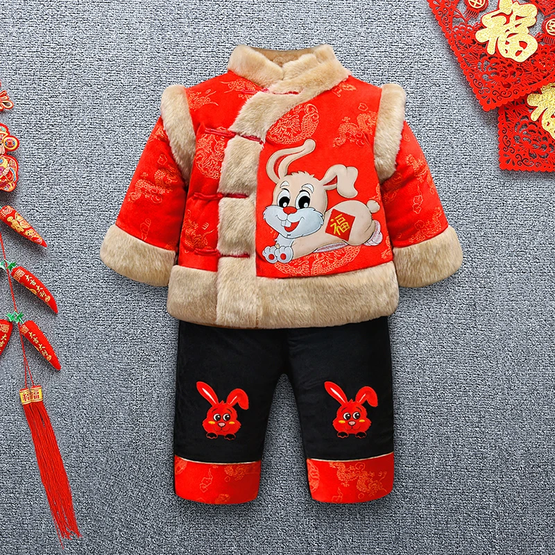 冬季男童红色拜年服中国风加厚儿童装一周岁衣服唐装宝宝抓周礼服