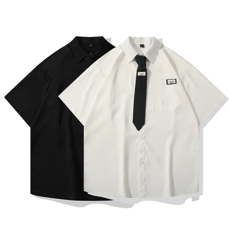 日系清新学院夏季纯色白衬衫垂感冰丝薄款短袖衬衣男潮流宽松百搭