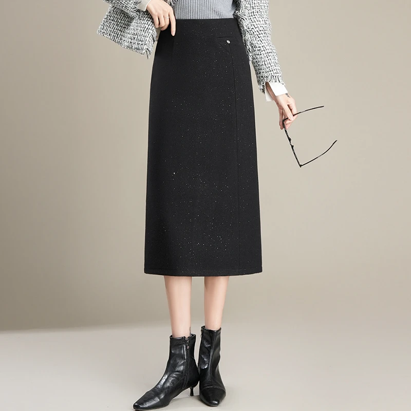 中长款显瘦一步裙高腰气质厚冬小开叉半身裙秋冬中款a字裙遮肚子