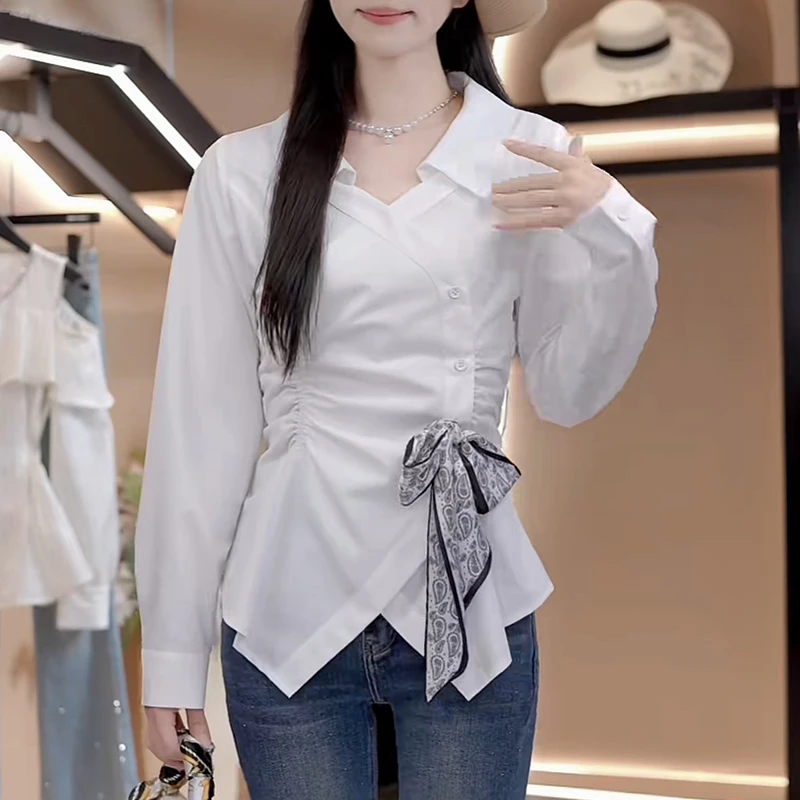 2025秋季法式简约纯色系带收腰气质时尚设计重工显瘦长袖衬衫