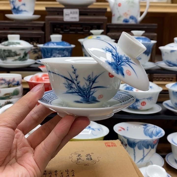 手绘兰花悬停盖碗150cc釉下彩微瑕福利款