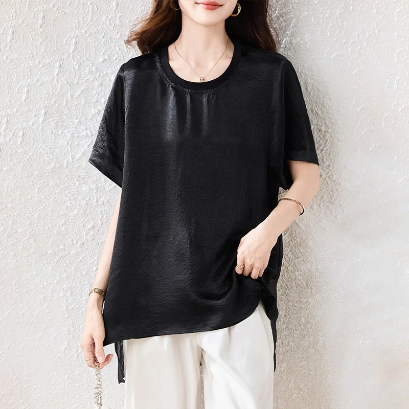 时尚大码百搭醋酸T恤短袖小众高级感宽松休闲夏季新款纯色上衣