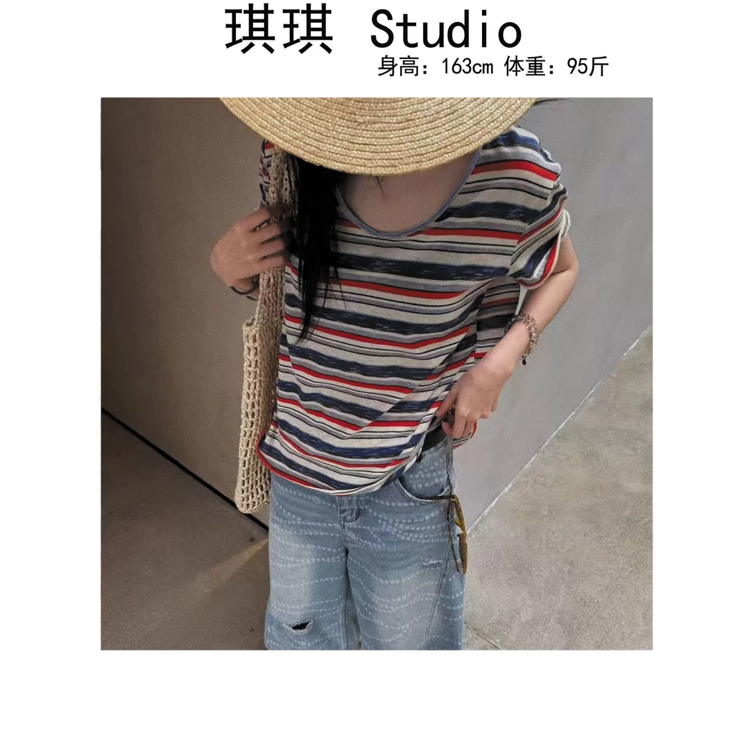 《琪琪家》夏季新款气质时尚宽松显瘦减龄休闲百搭条纹短袖6311-CS