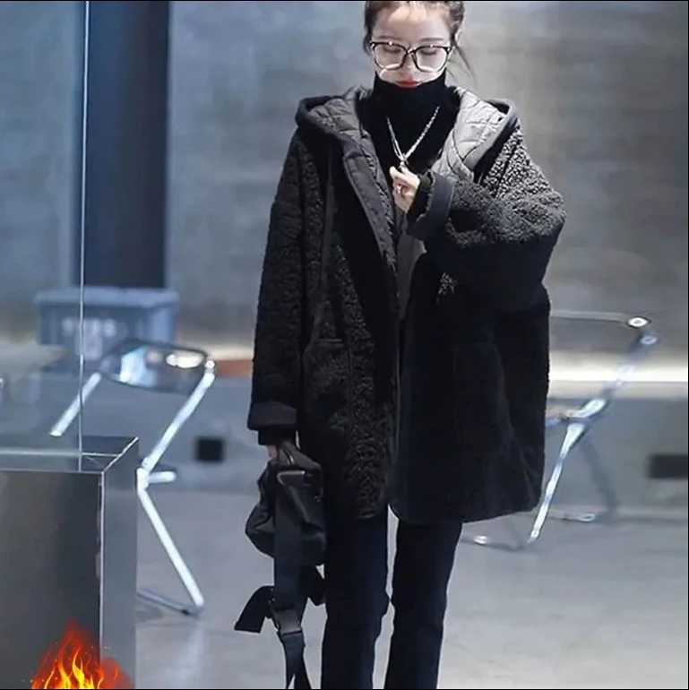 韩版新款冬时尚百搭假两件仿羊羔毛夹棉加厚连帽外套2025宽松大衣