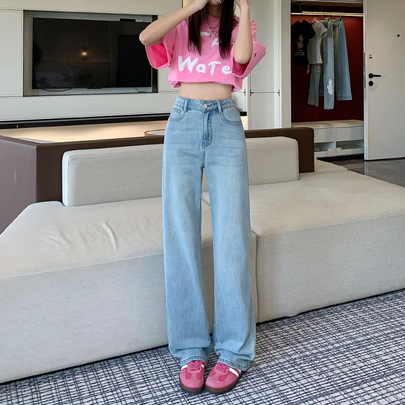 浅蓝色莱赛尔天丝阔腿牛仔裤女2025夏季薄款小个子显瘦冰丝直筒裤