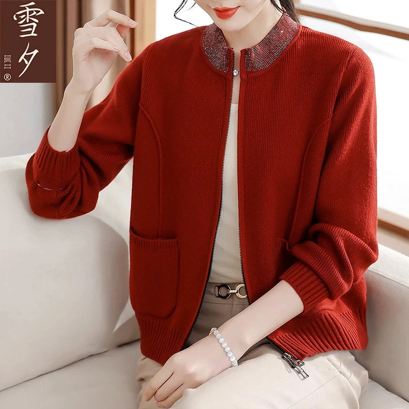 妈妈春装2025新款针织外套中老年女装时尚短款拉链毛衫春秋上衣服