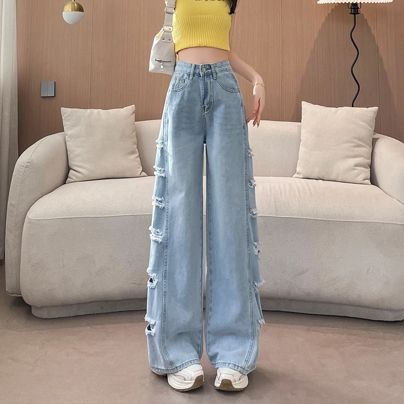 美式破洞牛仔裤女2025夏季超火小个子侧边拼接拉丝磨破乞丐阔腿裤