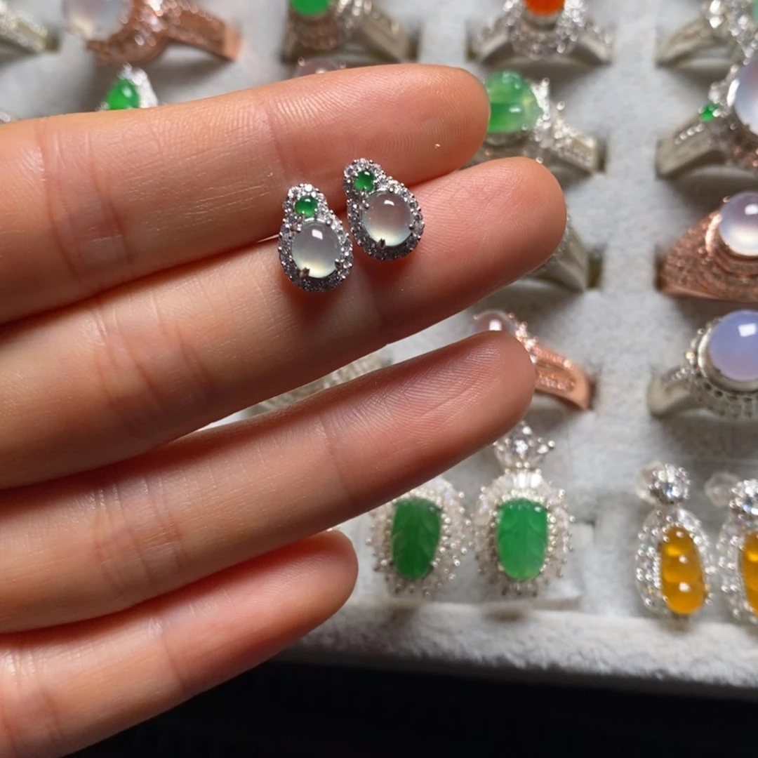 翡翠银S925镶嵌耳饰耳钉