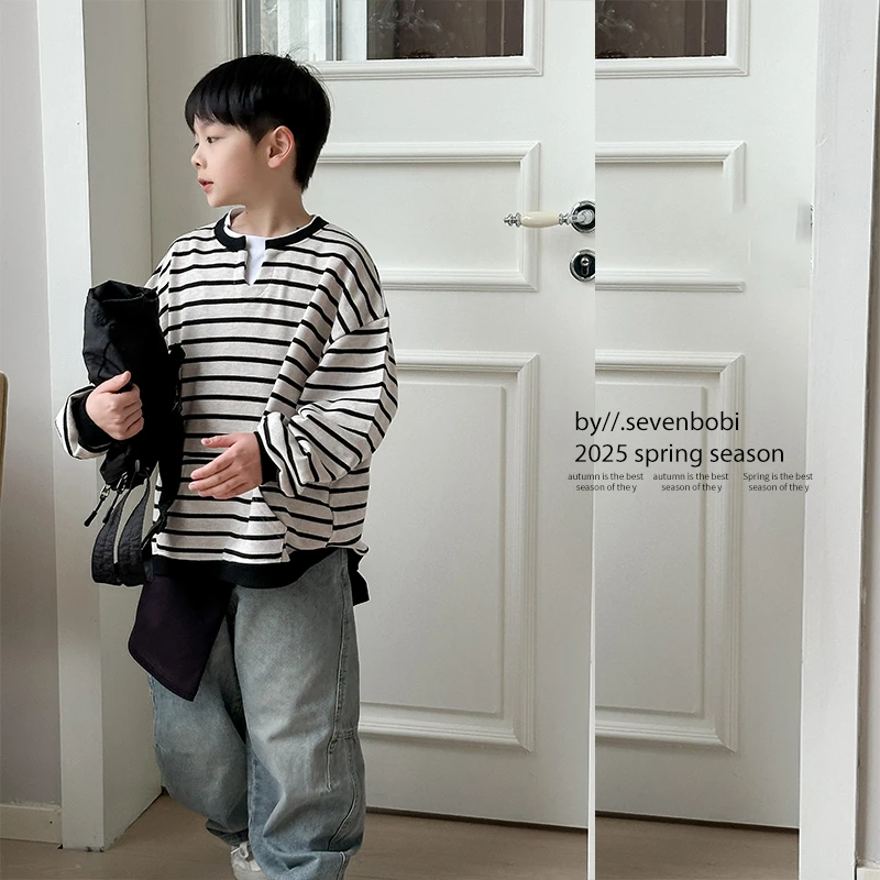 【现货】儿童黑白条纹2025新款韩版卫衣中大童上衣春秋百搭打底