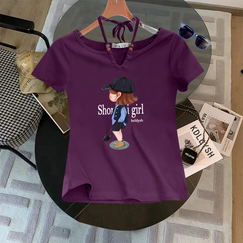 挂脖短袖t恤女2025夏季新款印花露肩修身辣妹短款小众设计感上衣