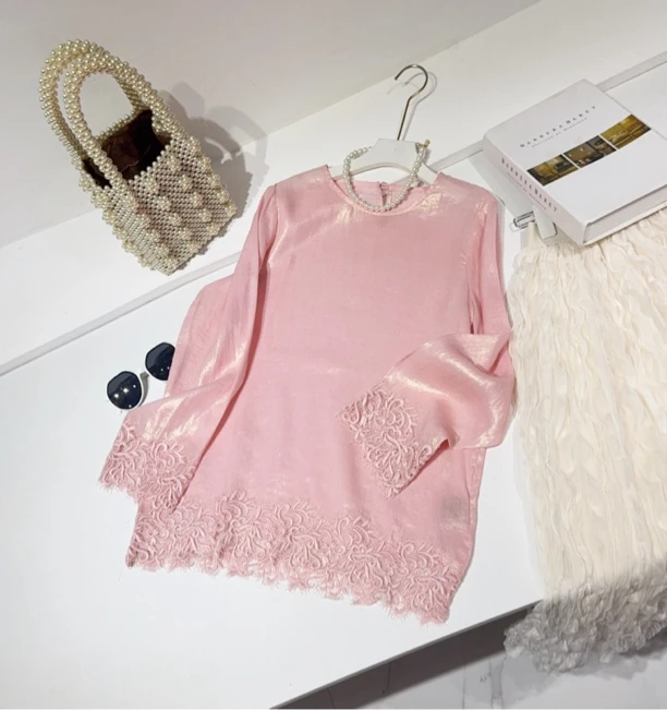 WYK 100%烫金苎麻~M胸106长56/68亮线蕾丝拼接衬衫上衣 9468