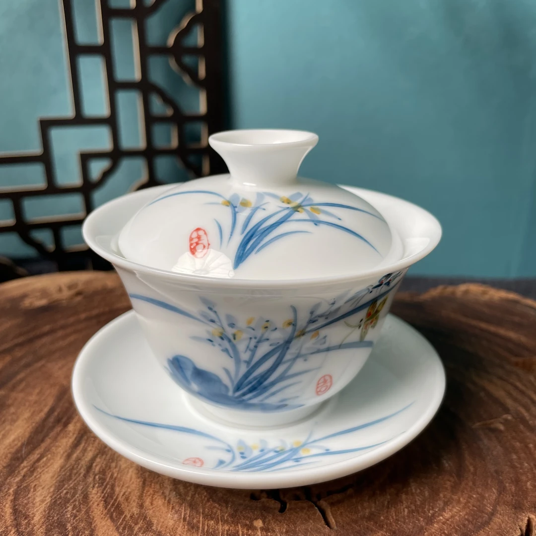 纯手绘黄兰花中号三才盖碗满容约150釉下彩