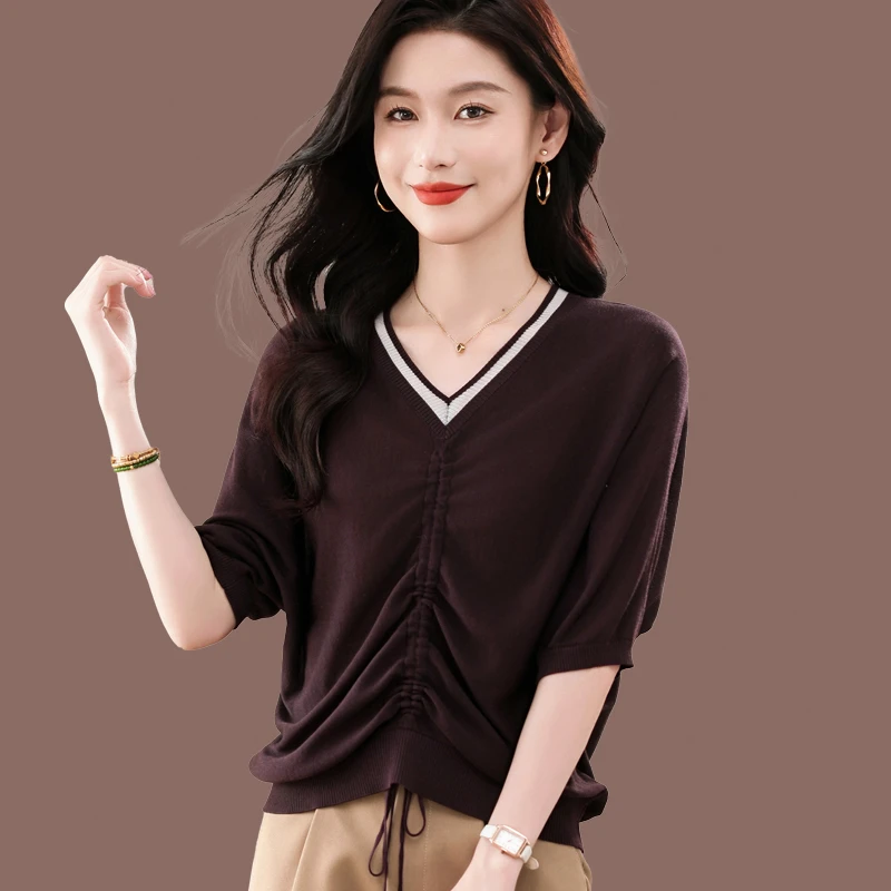 桑蚕丝V领妈妈T恤女冰丝上衣短袖配裙子短款宽松薄款针织蝙蝠衫