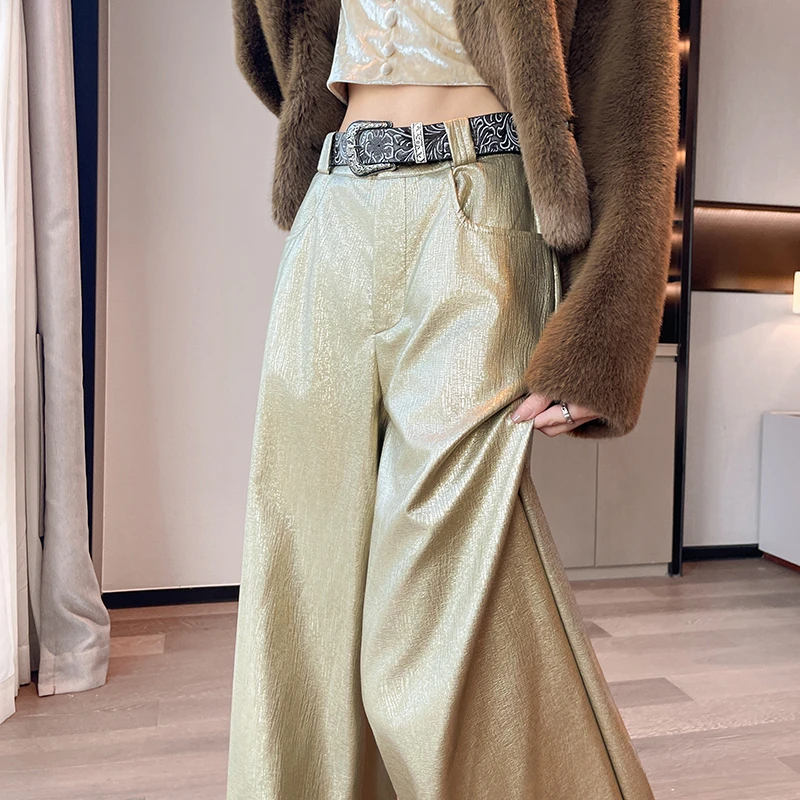 美式痞帅高级感皮裤子女秋冬季高个子加长垂感宽松pu皮阔腿西装裤