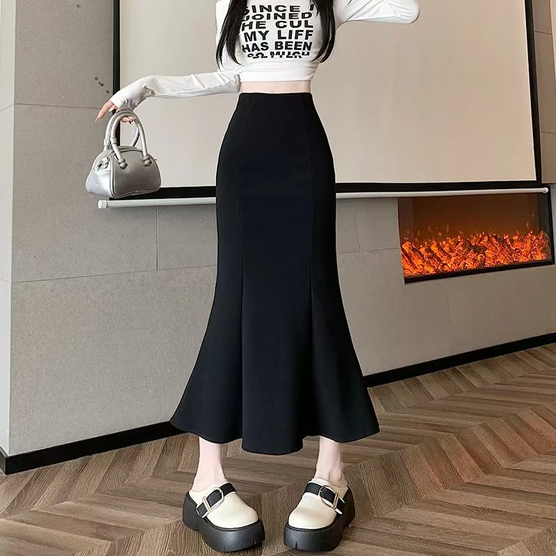 新款2025秋冬中长款裙子女气质黑色加绒高腰包臀鱼尾裙半身裙长裙