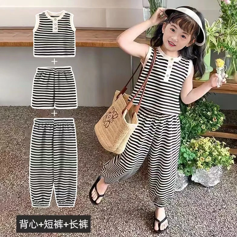 【低价好物】夏季新款无袖条纹女童套装休闲时尚洋气韩范三件套
