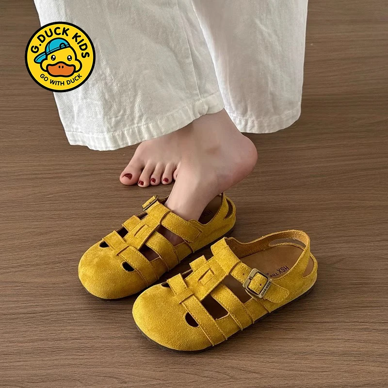 G.DUCK小黄鸭儿童凉鞋夏季2025平底女童镂空复古洋气夏款包头软底