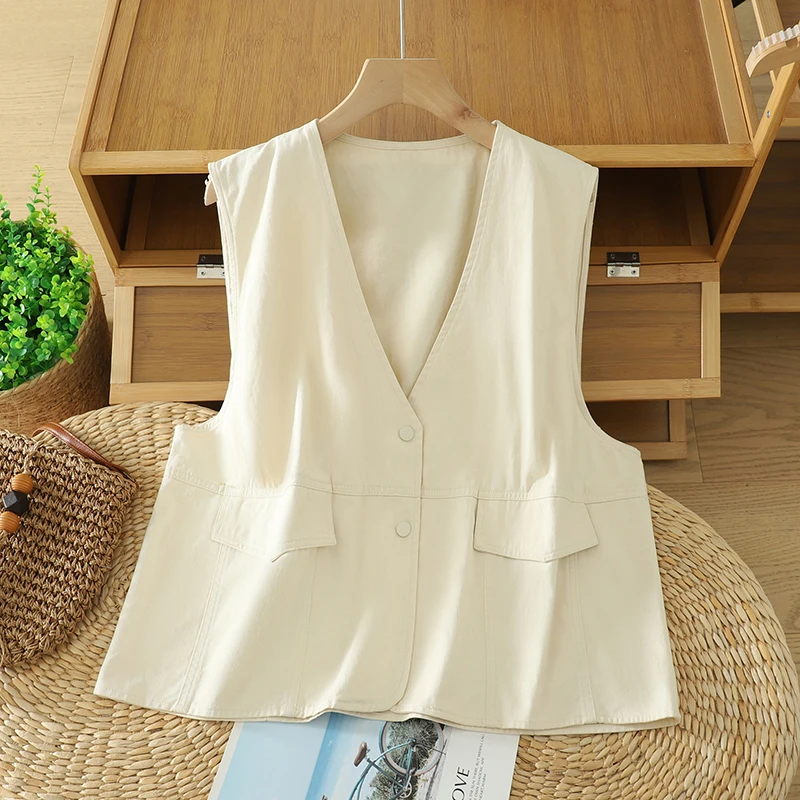复古工装奶白色马甲女宽松显瘦背心无袖V领坎肩日韩两粒扣短外套