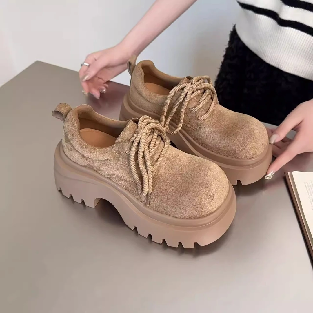 大头厚底小个子乐福鞋女2025年新款早秋复古增高系带圆头百搭单鞋