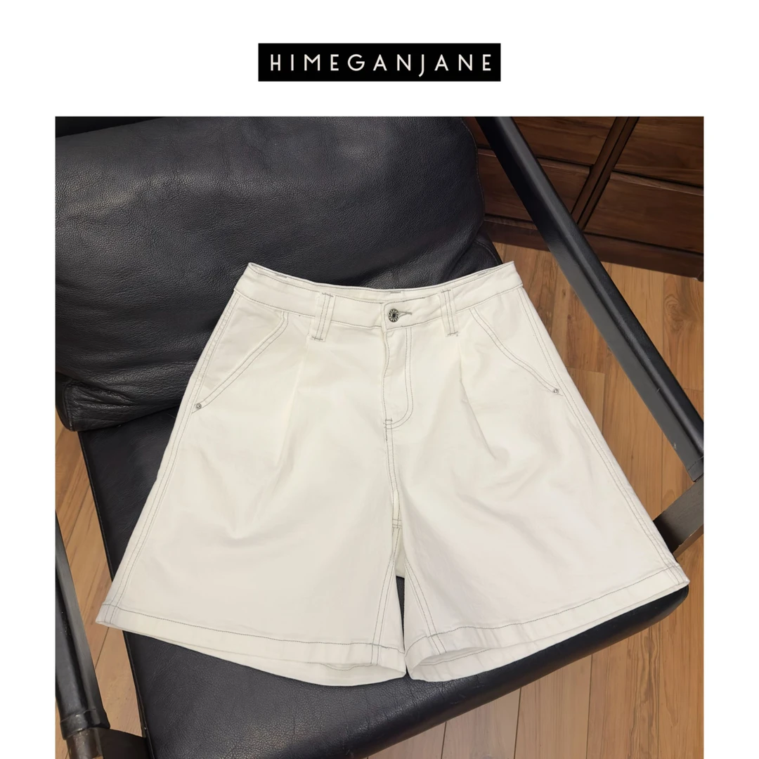 HIMEGANJANE 明线撞色牛仔短裤 夏季高腰显瘦宽松四分裤25A91025