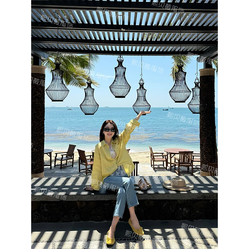 【浮浮款，只出不进】小众设计感麻料衬衫+蕾丝内里两件套 G7203