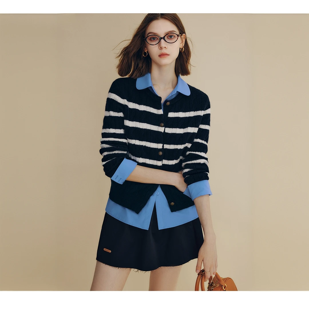 法曼萱法式条纹羊毛针织麻花毛衣开衫女2025早春绞花上衣