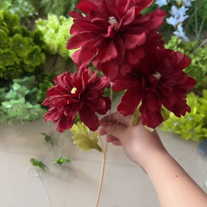 3头芙蓉牡丹红色仿真花20支