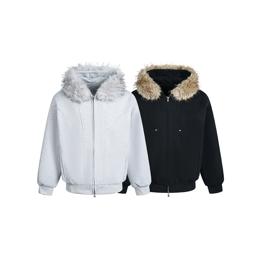 TOM潮 美式可拆卸毛领连帽厚外套秋冬夹棉保暖情侣宽松短款设计感