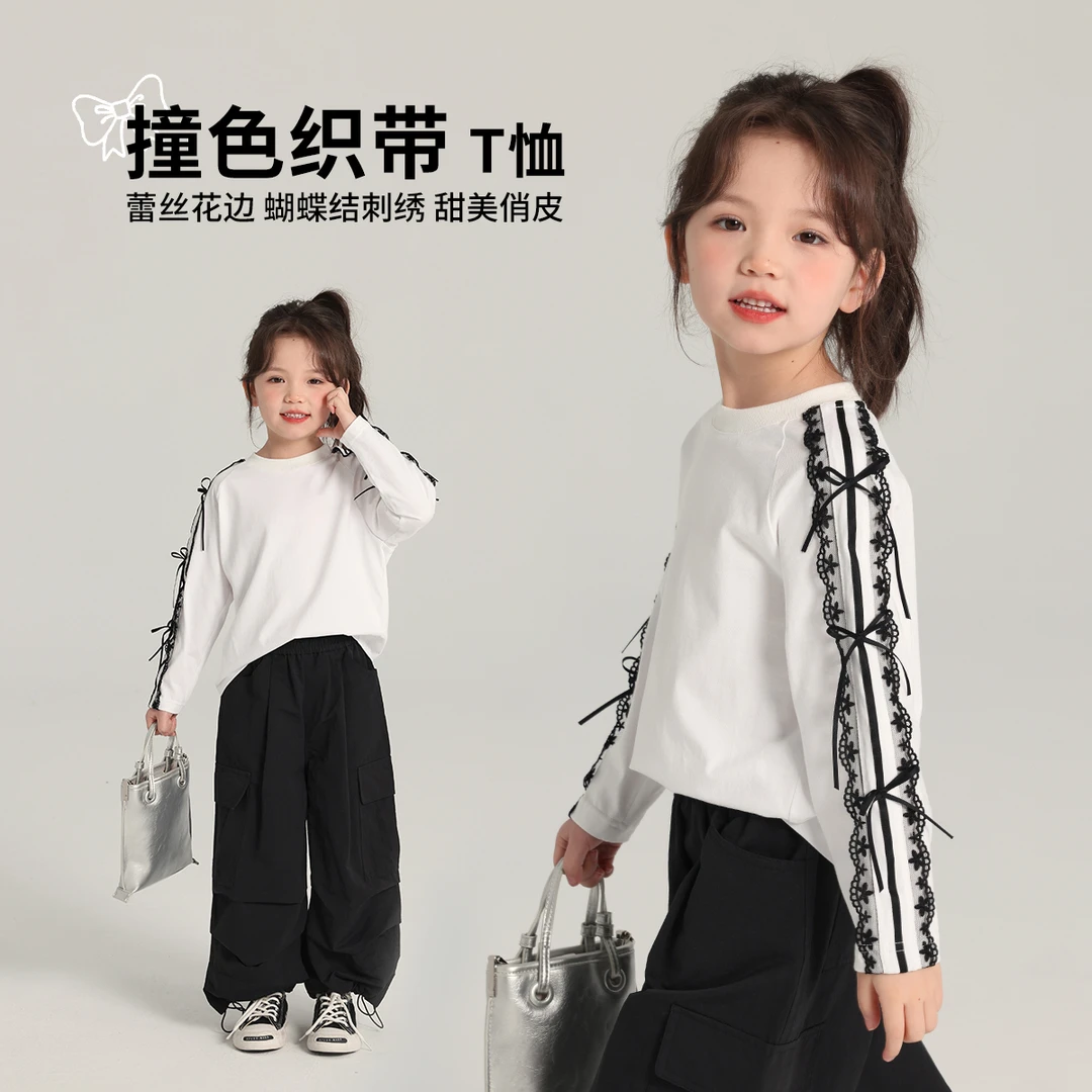 布丁哈鲁【芭蕾女孩 】25春女纯棉织蝴蝶结圆领T恤G51TW066