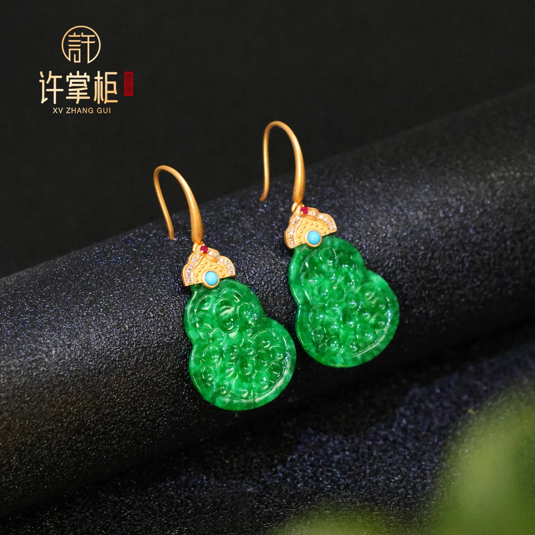 许掌柜｜福禄双至 18K金翡翠耳环天然缅甸翡翠A货国潮雕刻葫芦配饰
