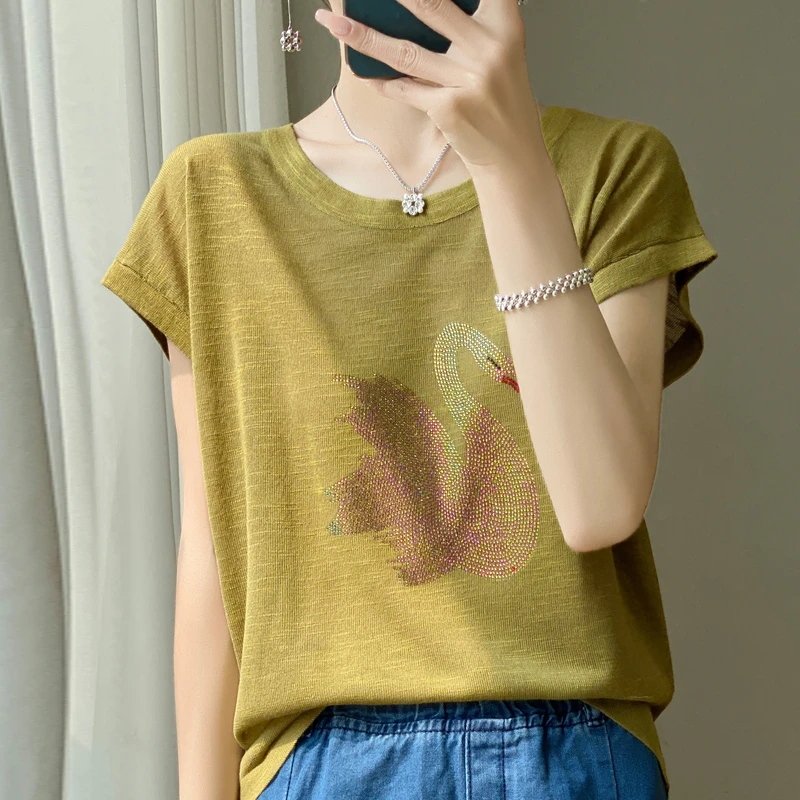 哥弟阿玛施正品短袖t恤女装夏季2025洋气圆领烫钻宽松百搭天丝T恤