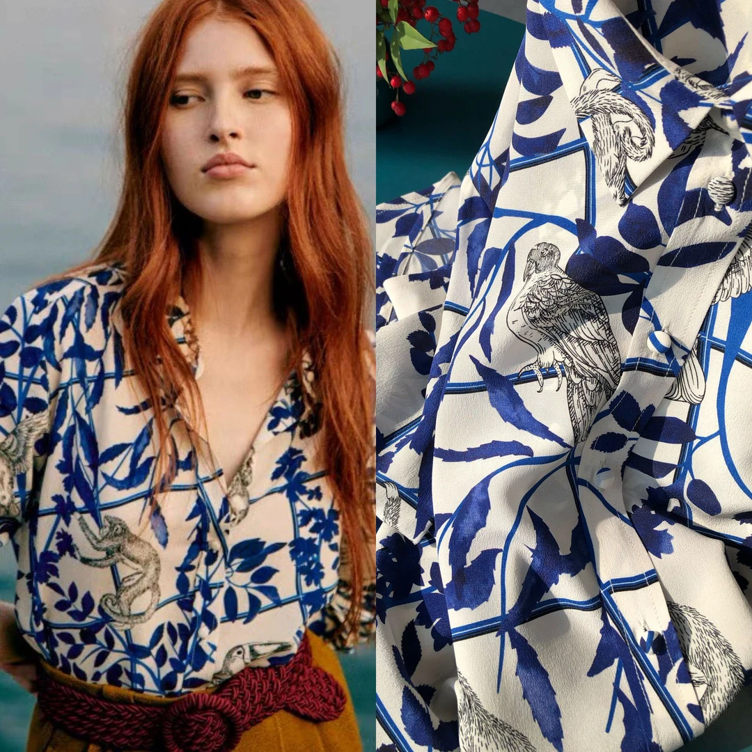 法式韵味·se限量版 自然气息蓝色丛林动物印花 砂洗真丝长袖衬衫