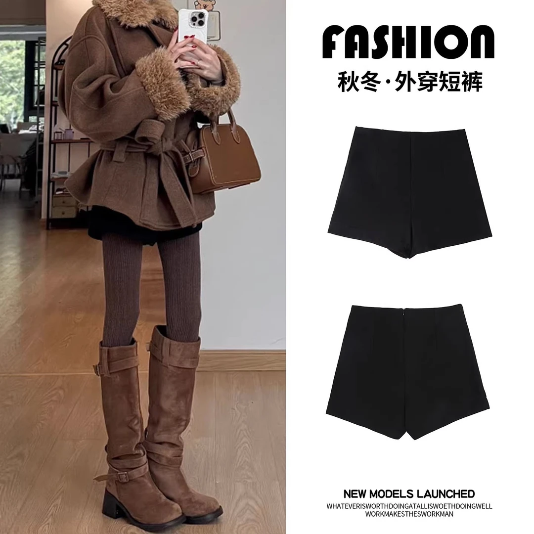 黑色短裤女外穿秋冬2025新款加绒加厚小个子辣妹热裤a字显瘦靴裤
