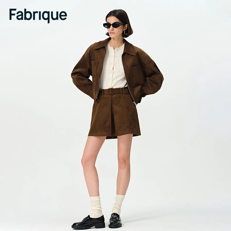 Fabrique Clara 早春新款焦糖棕磨毛质感A型配安全裤高腰短半裙