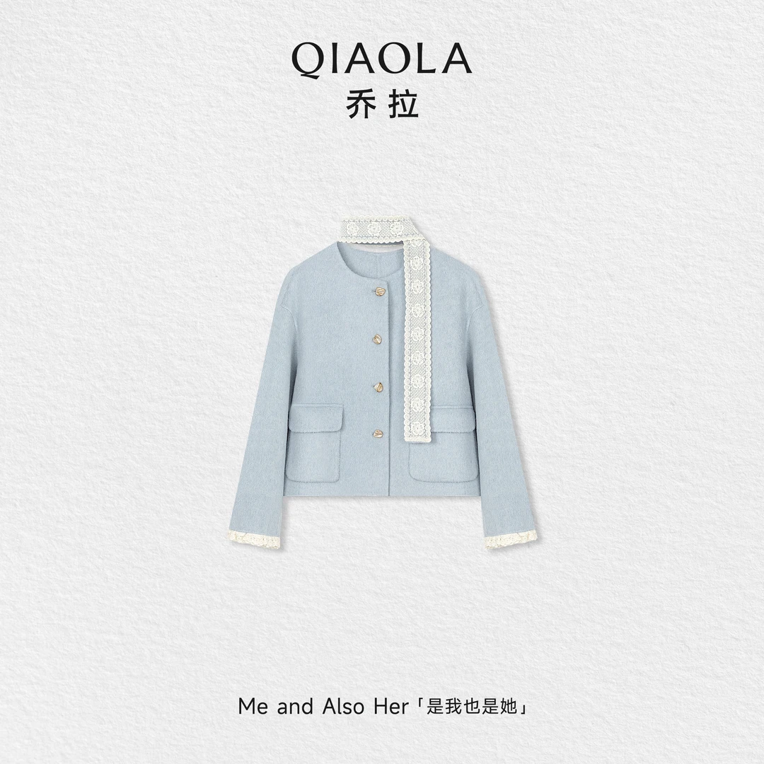 QIAOLA/乔拉【风信爱意】秋冬绵羊毛温柔气质百搭蕾丝边毛呢外套