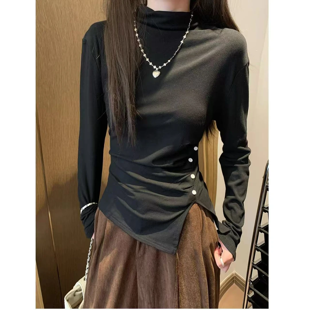 2025秋冬新款韩系法式半高领打底衫不规则加绒修身显瘦长袖T桖